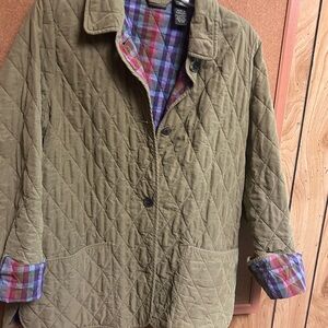 L.L. Bean Olive Green Quilted Jacket with Multicolor Plaid Lining